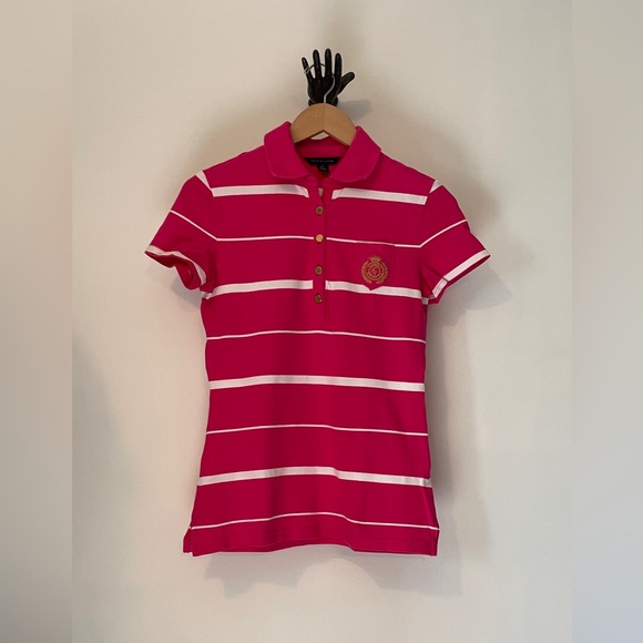 S Tommy Hilfiger Fuscia & white striped polo. Gold embroidery & gold buttons - Picture 1 of 7